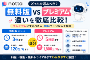 Notta無料版とプレミアムの違いを比較し、有料にするべき人と無料で十分な人を解説する記事のアイキャッチ