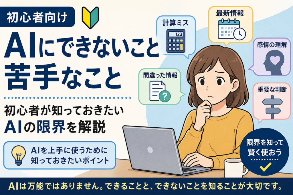 AIにできないこと・苦手なことを初心者向けに解説する記事のアイキャッチ