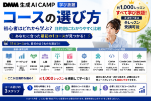 DMM 生成AI CAMP 学び放題の11コースを目的別に比較し、初心者向けにコースの選び方を解説するアイキャッチ