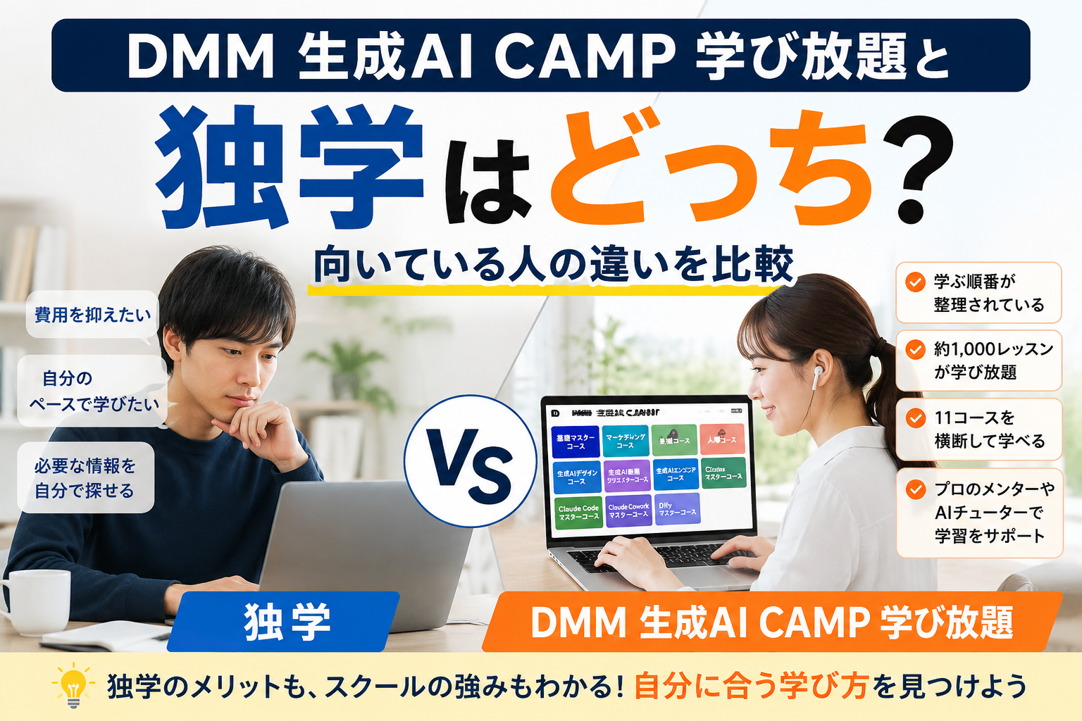 DMM 生成AI CAMP 学び放題と独学の違いを比較し、向いている人を解説するアイキャッチ