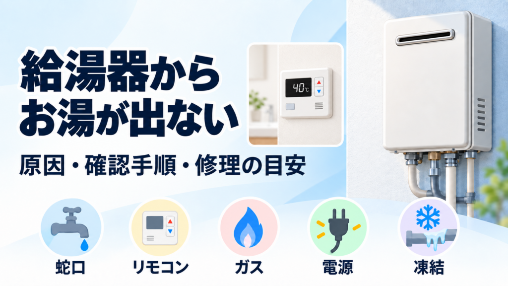 給湯器からお湯が出ないときの原因・確認手順・修理の目安を示すアイキャッチ