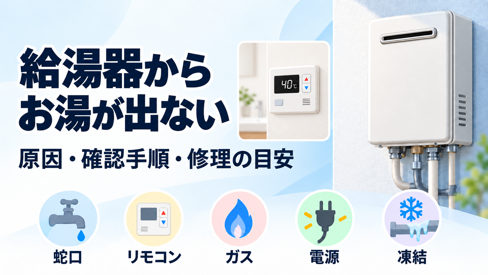給湯器からお湯が出ないときの原因・確認手順・修理の目安を示すアイキャッチ